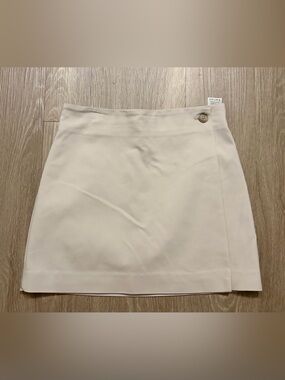 Cream Wrap-Front Mini Skirt with Single Button Detail